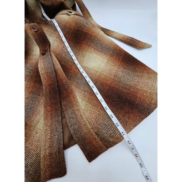 Vtg 70s Miss Gallery Women's S/M Brown & Tan Plaid Retro Wool Trench Coat w/Belt - Picture 9 of 12